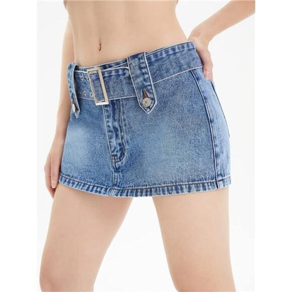 Y2K Belted Light‎ Wash Denim Mini Skirt Low Waist Extra Short Bodycon Skirt - Picture 2 of 6